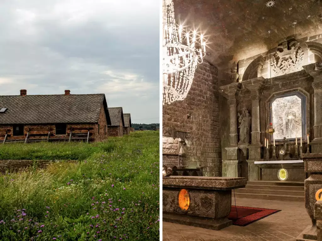 collage of the auschwitz ii barracks and the st kinga chapel in wieliczka