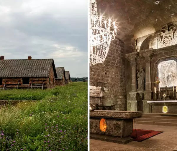 collage of the auschwitz ii barracks and the st kinga chapel in wieliczka