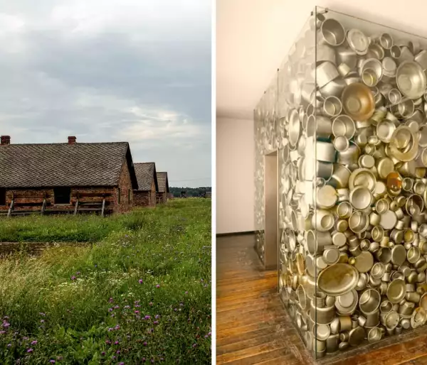 collage of the auschwitz birkenau barracks and the schindler factory pots and pans display