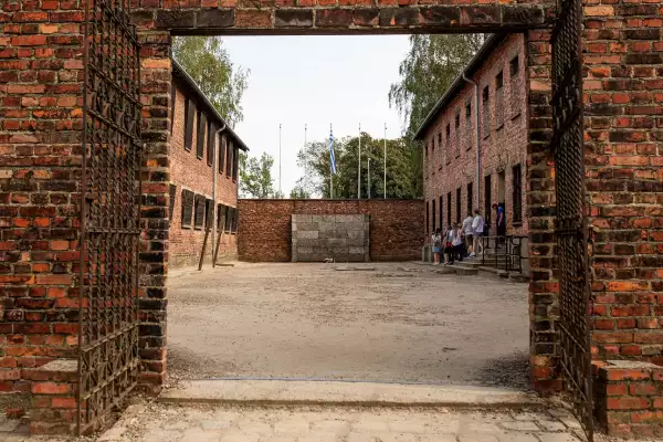 Auschwitz I tour - reconstructed part of the Death Wall next to Block 11