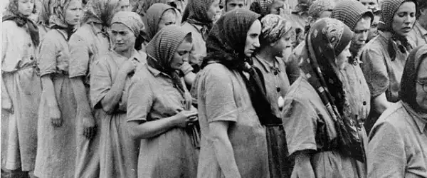 A historical picture of a group of Jewish women imprisoned in Auschwitz concentration camp