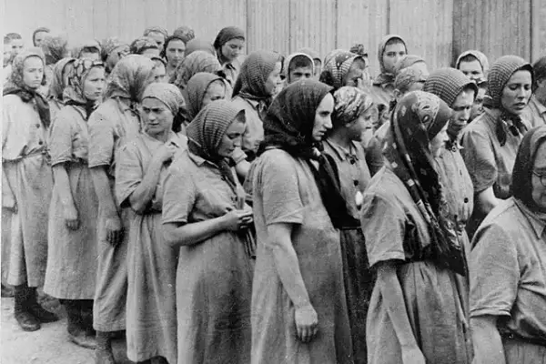 A historical picture of a group of Jewish women imprisoned in Auschwitz concentration camp